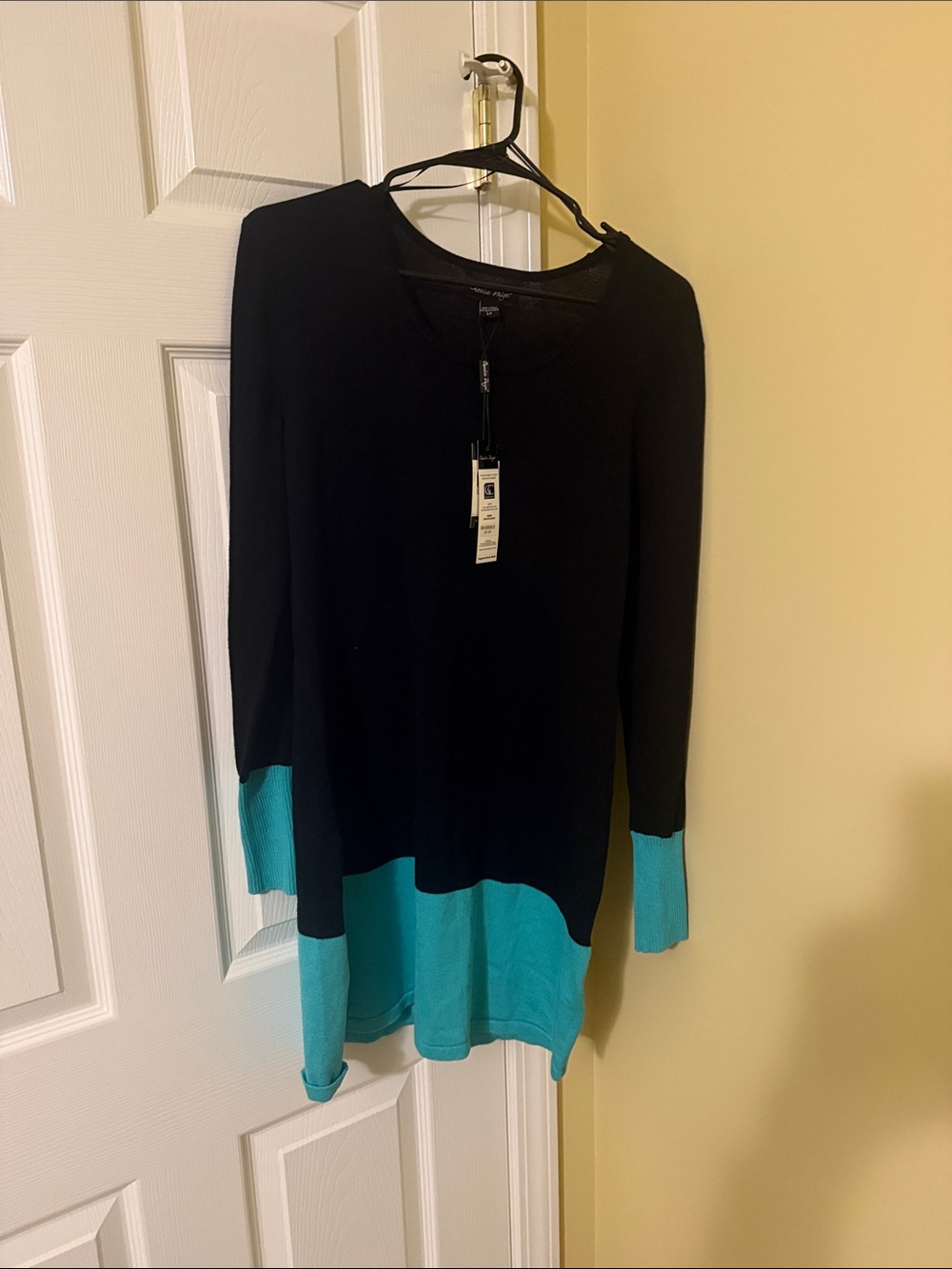 Charlie Paige Black and Teal Colorblock Long-Sleeve Sweater Dress